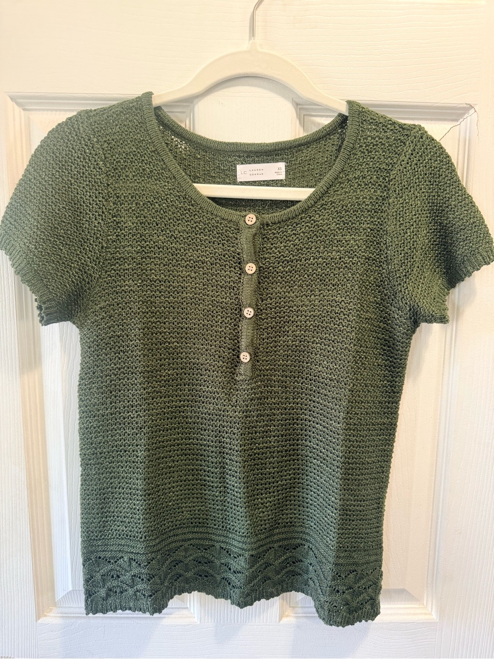 LC Lauren Conrad Olive Green Crochet Knit Henley Sweater Top XS